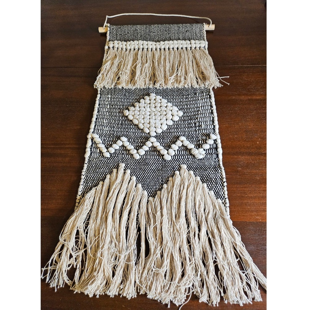 Woven Wall Hanging Home Decor Black Cream Boho Fringe Geometric